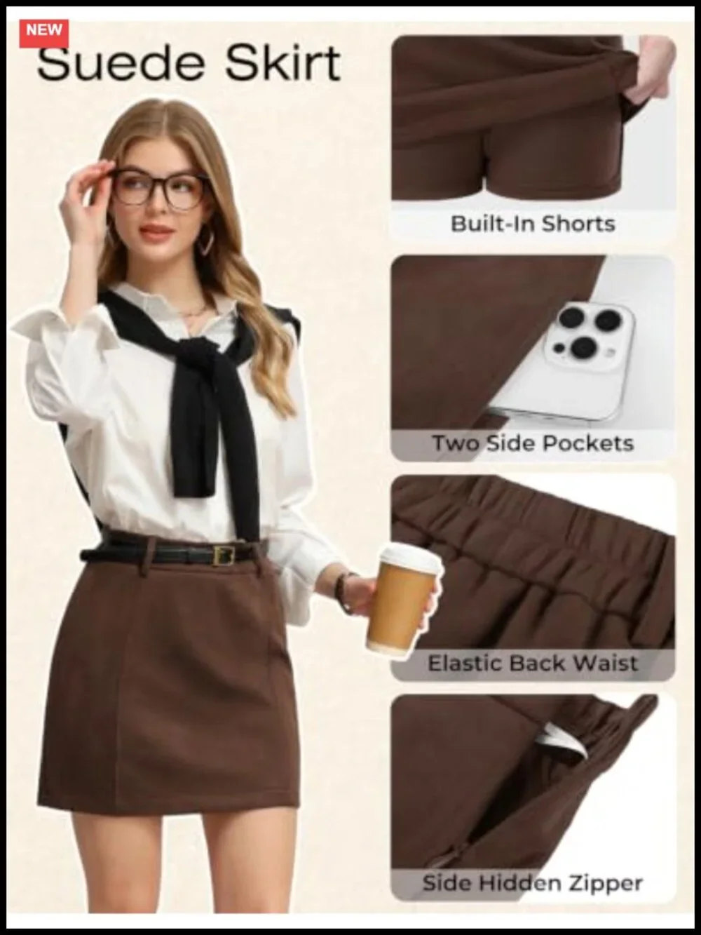 Faux Suede High Waisted A-Line Skort with Pockets | Anti-Exposure Built-in